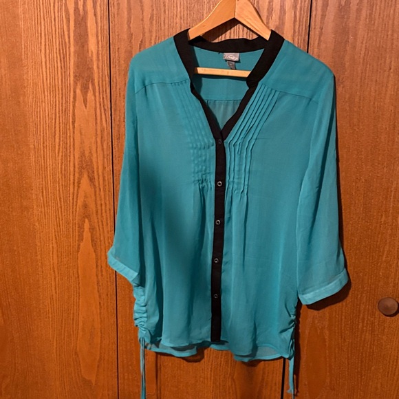 Vanity Tops - Vanity Teal Button-Up Blouse with Black Trim